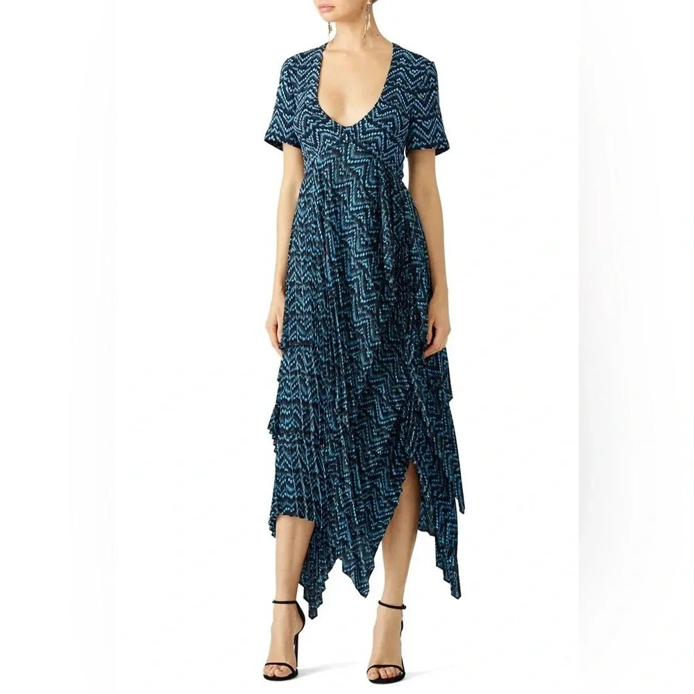A.L.C. Kylia 100% Silk Blue Black Abstract Pleated Maxi Dress Size 4